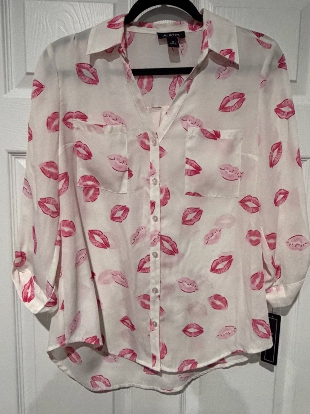 A. Byer Cream Button-Down Blouse with Pink Lip Print